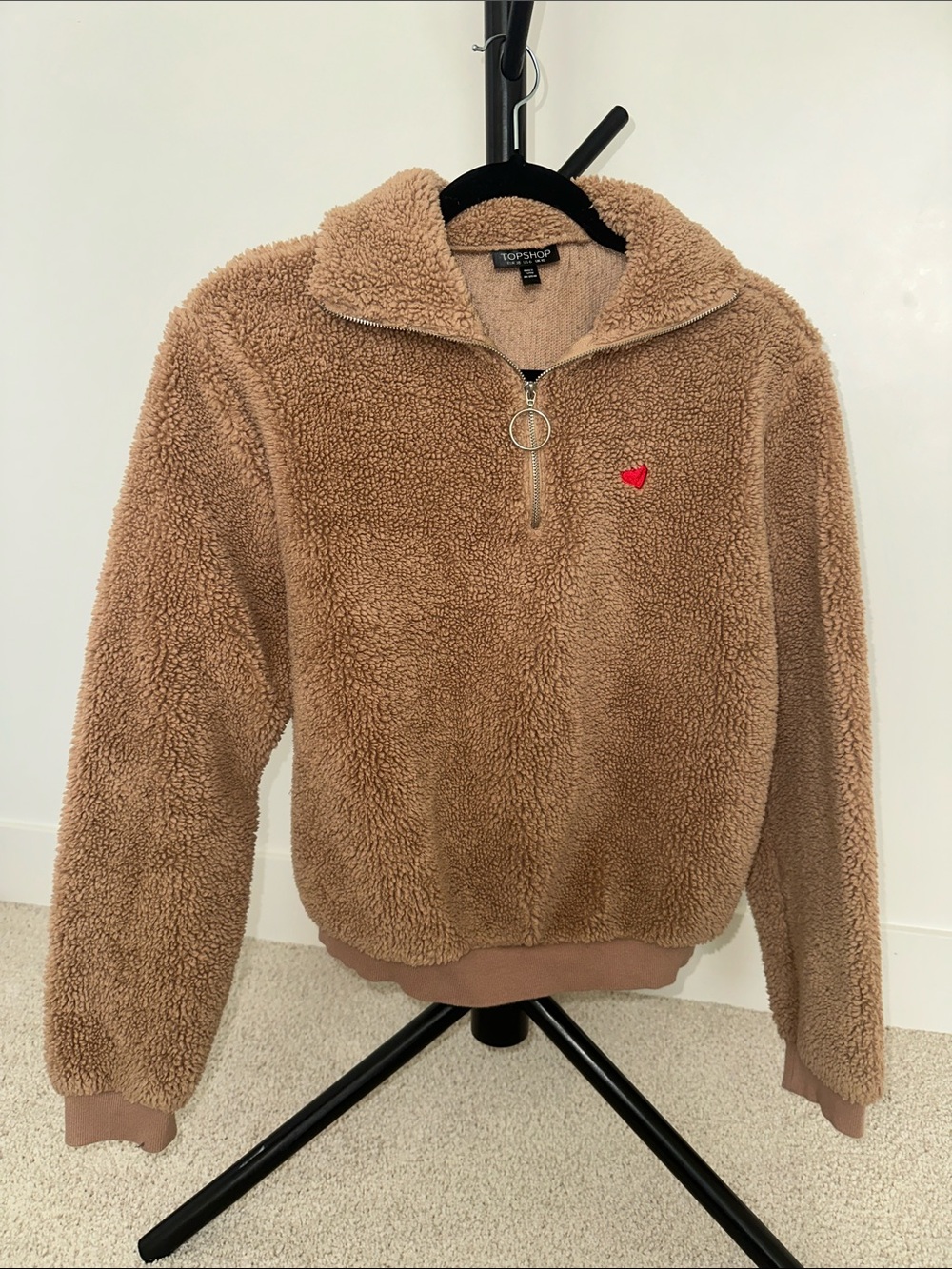 Topshop Teddy Quarter-Zip Pullover - Camel with Red Heart